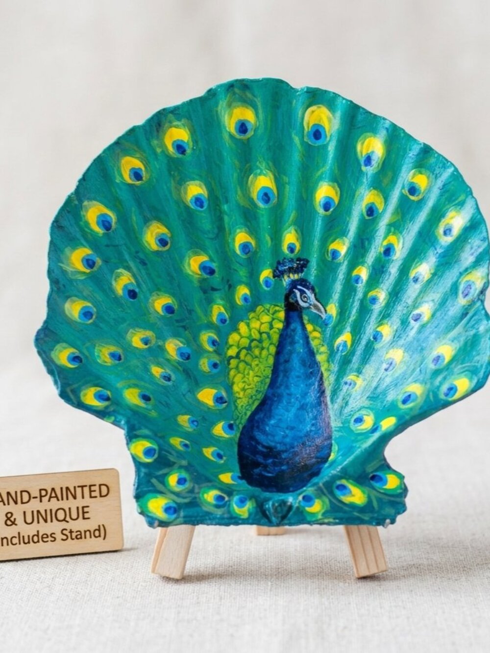Hand Painted Peacock Scallop Shell Original Acrylic Art 5"x5" + Easel Stand - Picture 2 of 4